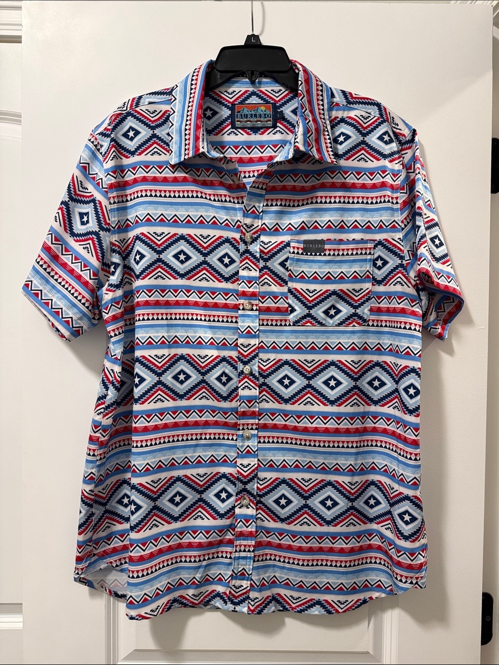 Burlebo Men's Aztec Print Short Sleeve Button-Up Shirt - Red/Blue/White